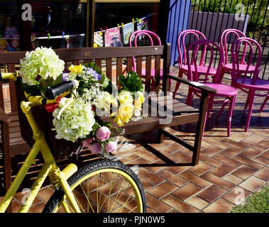 Spingere la bicicletta con fiori Foto Stock