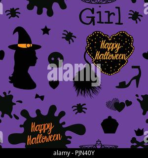 Modello senza giunture happy Halloween design. Illustrazione Vettoriale su uno sfondo viola. Illustrazione Vettoriale
