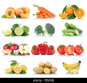 Frutta e verdura raccolta apple isolato pomodori arancione colori banane frutta fresca su sfondo bianco Foto Stock