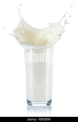 Latte splash spruzzi di vetro isolato su uno sfondo bianco Foto Stock