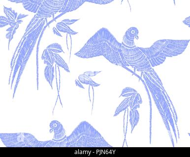 Pappagalli con foglie tropicali perfetta configurazione di sfondo. Illustrazione Vettoriale disegnato a mano. Disegno Ricamo Classico. Illustrazione Vettoriale