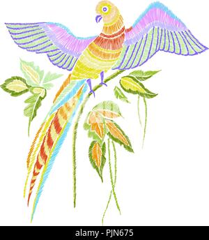 Modello di ricamo con pappagallo e foglie tropicali. Illustrazione Vettoriale disegnato a mano. T-shirt print design. Illustrazione Vettoriale