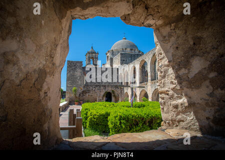 La missione di San José y San Miguel de Aguayo è una storica missione cattolica di San Antonio, Texas, Stati Uniti d'America. Foto Stock