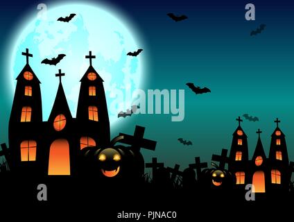 Sfondo di Halloween con Haunted House, zucca e luna piena. modello per Halloween Illustrazione Vettoriale
