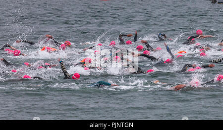 Currabinny, Irlanda. 8 settembre 2018. I partecipanti la testa fuori inizia la gara di nuoto a Crosshaven Challenge Triathlon che ha cominciato a Currabinny Pier, Co.Cork - David Creedon / Alamy Live News Credito: David Creedon/Alamy Live News Foto Stock