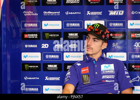 Imola, Italia. 8 settembre 2018 - 25 MAVERICK VINALES dalla Spagna, Movistar Team Yamaha Yamaha YZR-M1 2018, Gran Premio Octo di San Marino e della Riviera di Rimini, durante il sabato FP3 al Marco Simoncelli World Circuit per il tredicesimo round del Campionato del Mondo MotoGP, dal 7 Settembre al 9 Credit: AFP7/ZUMA filo/Alamy Live News Foto Stock