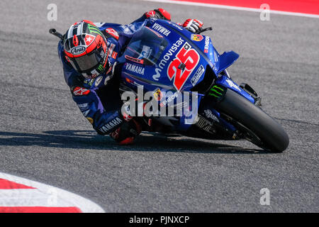 Imola, Italia. 8 settembre 2018 - 25 MAVERICK VINALES dalla Spagna, Movistar Team Yamaha Yamaha YZR-M1 2018, Gran Premio Octo di San Marino e della Riviera di Rimini, durante il sabato QP al Marco Simoncelli World Circuit per il tredicesimo round del Campionato del Mondo MotoGP, dal 7 Settembre al 9 Credit: AFP7/ZUMA filo/Alamy Live News Foto Stock