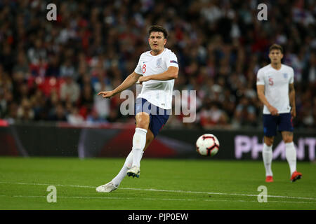 Londra, Regno Unito. 8 Settembre, 2018. Harry Maguire dell'Inghilterra in azione. UEFA lega delle nazioni A, gruppo 4 corrispondono, Inghilterra e Spagna allo Stadio di Wembley a Londra il sabato 8 settembre 2018. Si prega di notare che le immagini sono per solo uso editoriale. pic da Andrew Orchard/Alamy Live news Foto Stock