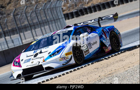 Monterey, CA, Stati Uniti d'America. 08 Sep, 2018. A.# 63 piloti M. Hedlund/P Mann proveniente in giro 4 durante la Continental Monterey Grand Prix Super Trofeo Lamborghini a Weathertech Raceway Laguna Seca Monterey, CA Thurman James/CSM/Alamy Live News Foto Stock