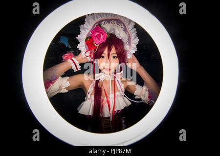 Un ringflash vista di cosplayers visto durante la smash! Convenzione (Sydney Manga e Anime Mostra) il 19 agosto 2017 a Sydney, in Australia. SMASH è il più grande della cultura pop convenzione in Australia, dedicata agli artisti e creatori nell'industria creativa, concentrandosi sul fumetto, giocattoli, giochi, filmati e animazioni. (Foto di Hugh Peterswald). Foto Stock