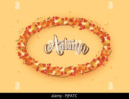 Autunno preventivo con corona di foglie su sfondo a trama. Caratteri scritti a mano con foglie decorazione. Elemento per la stagione di design. Illustratio vettore Illustrazione Vettoriale