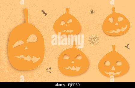 Set di papercut zucche di Halloween su sfondo a trama. Illustrazione Vettoriale. Illustrazione Vettoriale