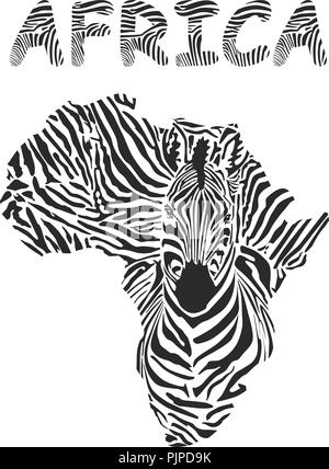 Silhouette Mappa di Africa con la testa di zebra Illustrazione Vettoriale