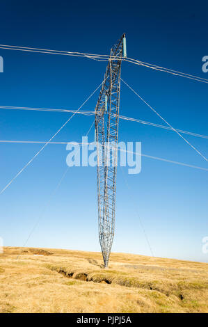 Alta tensione poli elettrici situato in campagna, Islanda Foto Stock