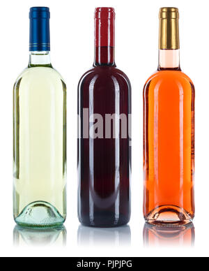 Collezione di bottiglie di vino Vini rossi rosa bianca isolata su uno sfondo bianco Foto Stock
