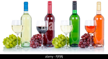 Collezione di vini di bottiglia di vetro alcool uve di bevande isolato su uno sfondo bianco Foto Stock