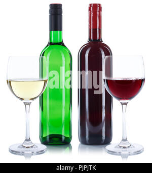 Vino rosso e bianco di bottiglie bicchieri per bevande alcool quadrate isolate su uno sfondo bianco Foto Stock