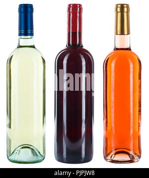Collezione di bottiglie di vino Vini rossi rosa bianca alcol isolato su uno sfondo bianco Foto Stock