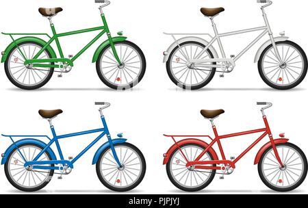 Bicicletta realistica vista laterale illustrazione vettoriale. Isolate le bici multicolore su sfondo bianco Illustrazione Vettoriale