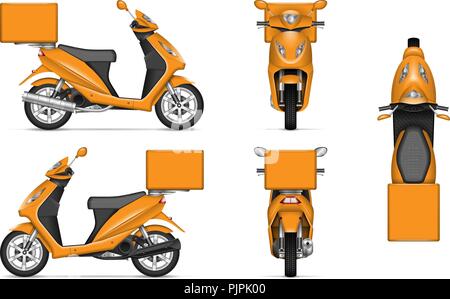 Consegna vettore scooter mockup in bianco per il branding del veicolo, corporate identity. Vista dal lato anteriore, posteriore e superiore Illustrazione Vettoriale