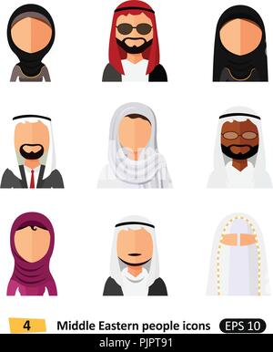 Diverse popolazioni mediorientali avatar vettore di set di icone piana utenti arabi isolato Illustrazione Vettoriale