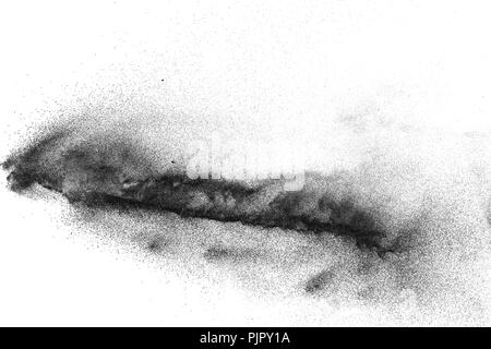 Le particelle nere opener su sfondo bianco. Polvere nera di spruzzi di polvere. Foto Stock