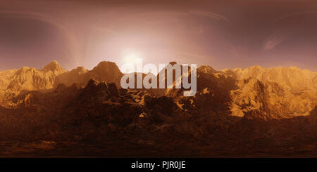 Mappa HDRI, ambiente sferico panorama dello sfondo con la gamma della montagna di sunrise, la sorgente di luce (rendering 3D rendering equirettangolare) Foto Stock