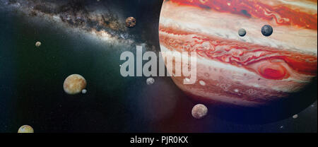 Il pianeta Giove con alcuni dei 69 lune noto con la Via Lattea (spazio 3D illustrazione, gli elementi di questa immagine sono arredate dalla NASA) Foto Stock
