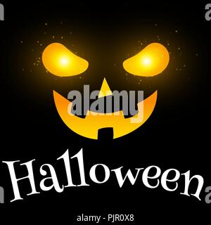 Terribile volto di Halloween. Giallo gli occhi luccicanti con battenti polvere magica. Testo in bianco. Cartoon scary faccia su uno sfondo nero. Illustrazione Vettoriale. EPS Illustrazione Vettoriale