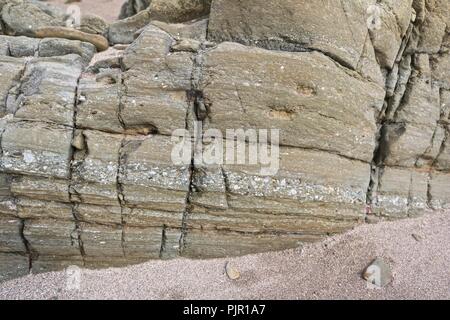 Marine interbedded in pietra arenaria con depositi vulcanici a Ferriter's Cove, Kerry Foto Stock