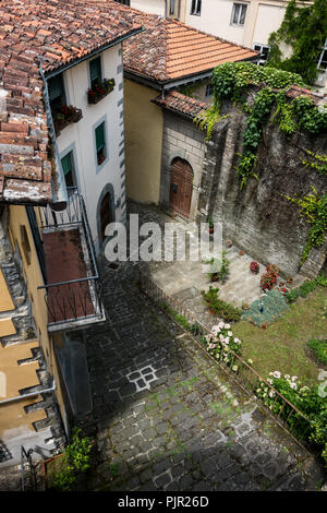 Vecchio scolpita in pietra faccia impostata in corrispondenza di una parete a Barga, Toscana, Italia Foto Stock