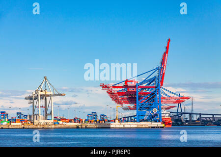 Amburgo, Germania - 25 giugno 2014: banchine del porto di Amburgo (Hamburger Hafen, Terminale Burchardkai) sul fiume Elba, Germania. Il porto più grande in Germania Foto Stock