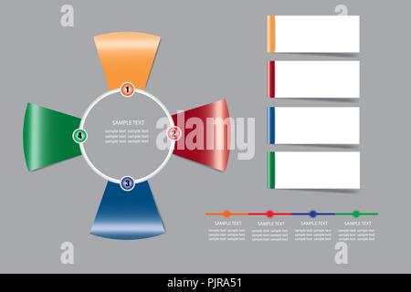 Una infografica vettore del modello di cerchio realizzato da quattro forme colorate, la timeline e le etichette rettangolo pronto per il tuo testo. Illustrazione Vettoriale