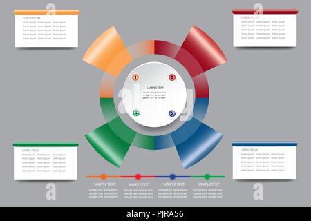Infografico del vettore gradiente colorato modello di cerchio realizzato in forme metalliche nel centro del vettore. Timeline e le etichette sono pronti per il vostro testo. Illustrazione Vettoriale