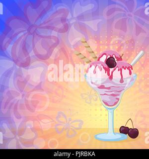 Il cibo, il vetro con gelato Gelato con sciroppo, cialde e bacche di ciliegio su sfondo astratto con sagome fiori farfalle, anelli e raggi. Eps10, contiene i lucidi. Vettore Illustrazione Vettoriale