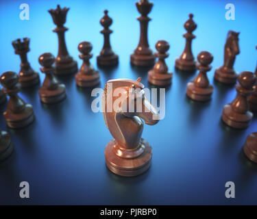 Il cavaliere in evidenziare. Pezzi di gioco di scacchi, immagine con profondità di campo ridotta. Foto Stock