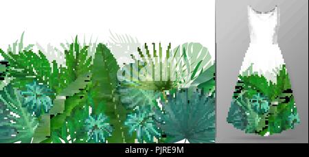 Disegnata a mano realistico rami e foglie di piante tropicali. Linea di vivaci foglie orizzontali pattern. Verde confine senza soluzione di continuità su abito mockup. Illustrazione Vettoriale