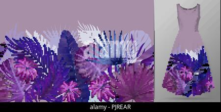 Disegnata a mano realistico rami e foglie di piante tropicali. Linea di vivaci foglie orizzontali pattern. Viola senza soluzione di continuità sulla frontiera dress mockup. Illustrazione Vettoriale