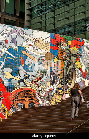 Expo di Lisbona 1998, Parque das Nações, pannello di piastrelle dall'artista islandese Erró, con personaggi provenienti dal Nord America e fumetti di fantascienza, l Foto Stock