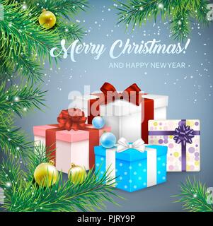 Scheda di Natale con confezioni regalo e Abete rami. Eps 10 illustrazione vettoriale. Illustrazione Vettoriale