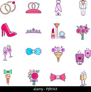 Nozze colorate set di icone. Eps 10 illustrazione vettoriale. Linea colorata arte icone vettoriali isolati su sfondo bianco. Illustrazione Vettoriale