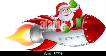 Santa Rocket Sleigh Cartoon di Natale Illustrazione Vettoriale