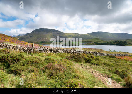 Il Cadair Idris mountain range sopra Cregennan laghi nel Parco Nazionale di Snowdonia nel Galles Foto Stock