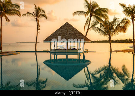 Bar caffetteria e una piscina su una spiaggia tropicale circondata da palme in mattina presto - sfondo di viaggio Foto Stock