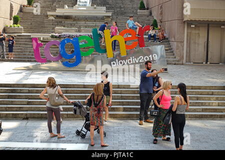 PLOVDIV, BULGARIA - Maggio 2018 - Centro di Plovdiv, Bulgaria. La Plovdiv sarà la Capitale Europea della Cultura nel 2019. Foto Stock