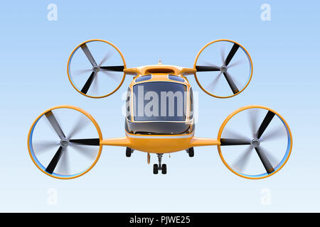 Vista frontale del Drone autonomo Taxi volare nel cielo. Il rendering 3D'immagine. Foto Stock