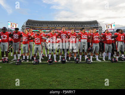 Oxford, MS, STATI UNITI D'AMERICA. 08 Sep, 2018. Ole Miss ribelli ai membri del team di celebrare una vittoria su SIU a Vaught- Hemingway Stadium di Oxford, MS. Ole Miss sconfitto SIU, 76-41. Kevin Langley/CSM/Alamy Live News Foto Stock