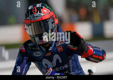 Rimini, Italia. Il 9 settembre 2018. 25 MAVERICK VINALES dalla Spagna, Movistar Team Yamaha Yamaha YZR-M1 2018, Gran Premio Octo di San Marino e della Riviera di Rimini, durante il Sunday Warm Up al Marco Simoncelli World Circuit per il tredicesimo round del Campionato del Mondo MotoGP, dal 7 Settembre al 9 Credit: AFP7/ZUMA filo/Alamy Live News Foto Stock