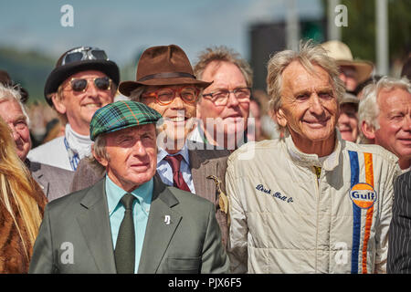 Chichester, West Sussex, Regno Unito, 9 settembre 2018. Sir Jackie Stuart (sinistra), Signore Marzo (centrale) e Derek Bell (a destra) durante il Goodwood a Goodwood Circuito motorino. Foto di gergo Toth / Alamy Live News Foto Stock