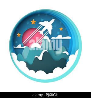 Carta cartone animato paesaggio. Aeroplano, illustrazione di montagna. Illustrazione Vettoriale